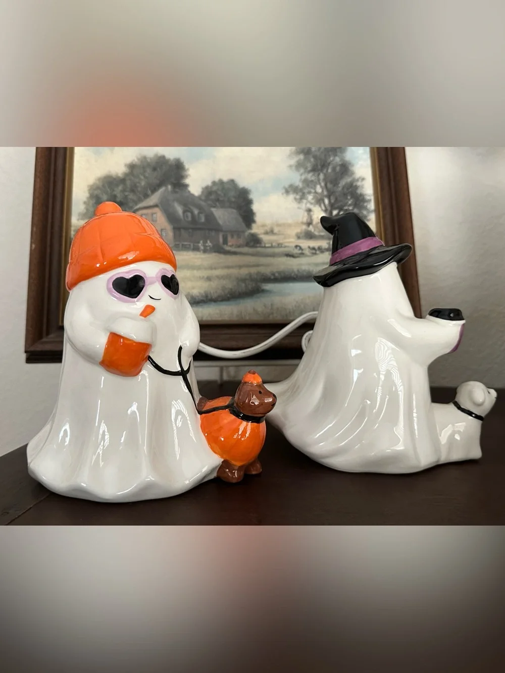 SET OF 2! Aldi Halloween Pastel Ceramic Ghost Pumpkin Dog & Witch Ghost Dog
